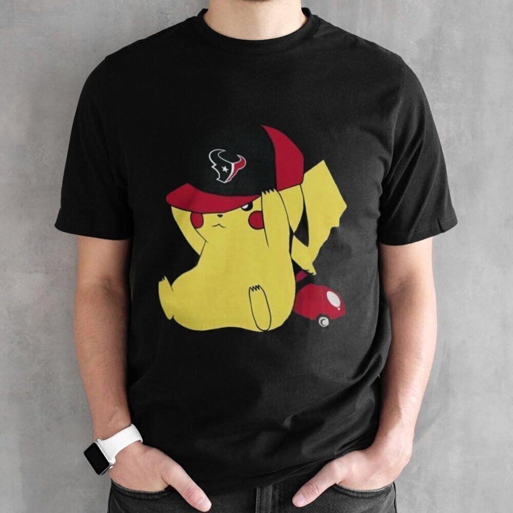 Pikachu Wear The Hat Houston Texans Football Logo Retro Crossover Fan T-Shirt